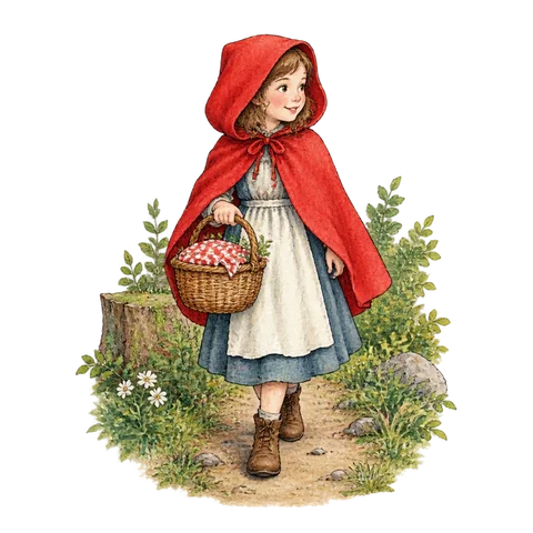 A red hood and a basket on a woodland path
