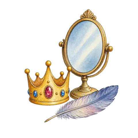 A small crown beside a mirror and a feather