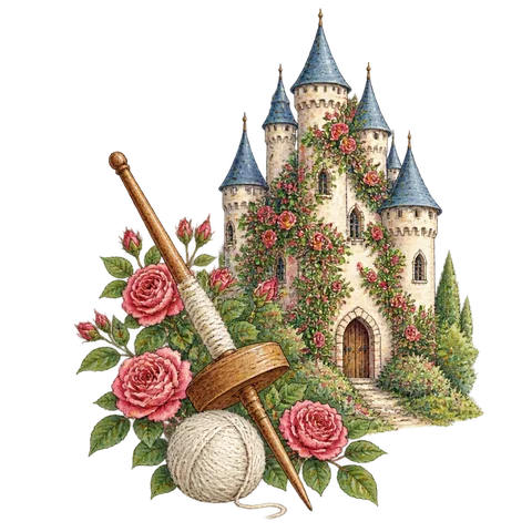 A spindle beside a rose-covered castle