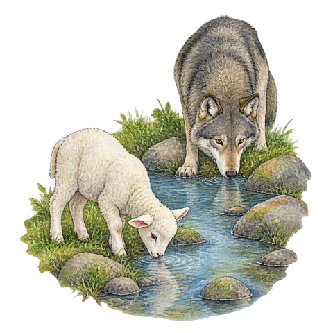 A lamb drinking downstream from a wolf