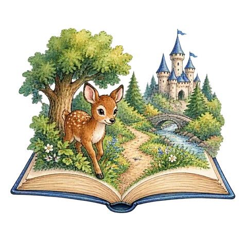 An open storybook with a small castle, a forest path and a friendly woodland animal emerging from the pages