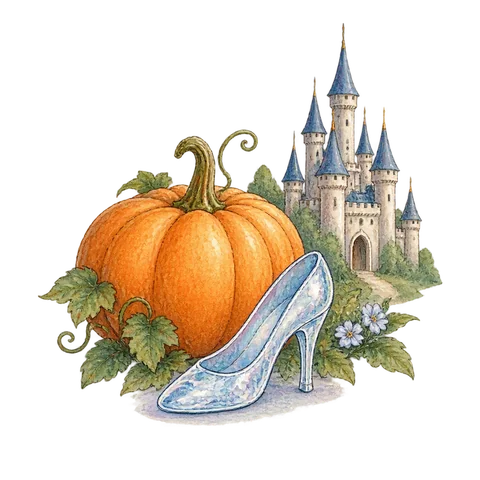 A glass slipper beside a pumpkin and a small castle