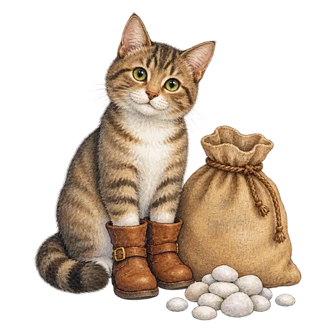 A booted cat beside a sack and small white pebbles