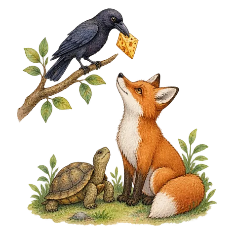 A crow holding cheese above a fox, with a tortoise nearby