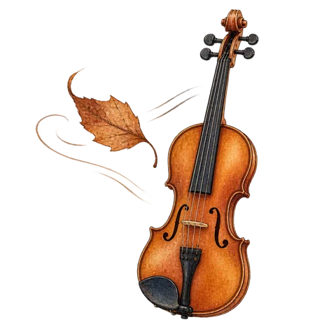 A brown leaf carried by the wind beside the silhouette of a violin