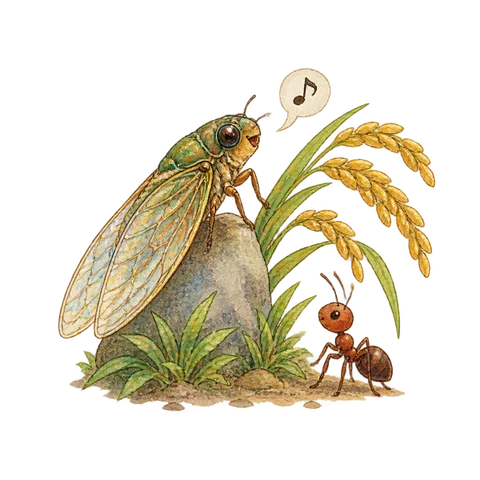 A cicada with a tiny musical note speaking to an ant beside grain
