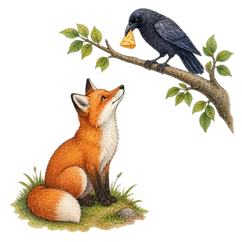 A fox looking up at a crow perched on a branch with a piece of cheese