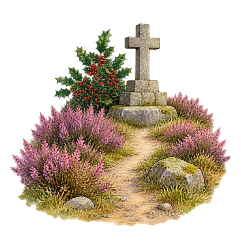 A quiet path toward a small memorial with holly and flowering heather