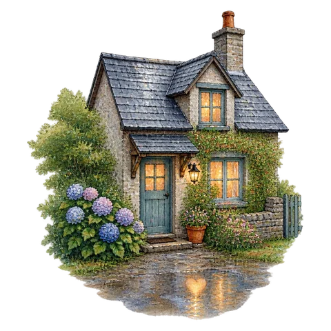 Soft rain falling on slate roofs beside a faint heart-shaped reflection