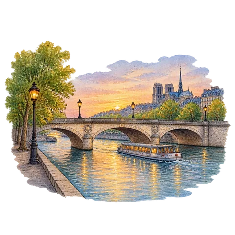 A Paris bridge spanning a gently flowing river at evening