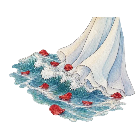Red rose petals on a sea wave beside the edge of a flowing dress