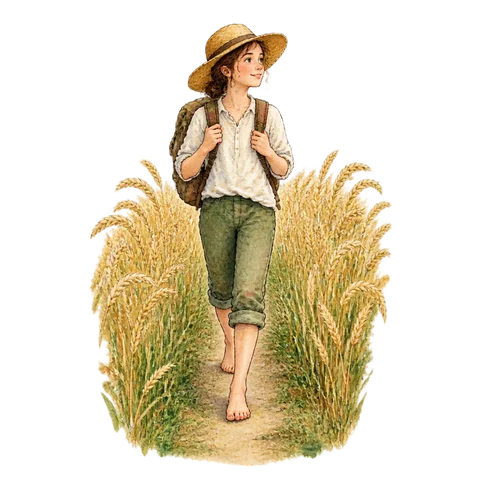A barefoot traveler on a narrow summer path through tall grain