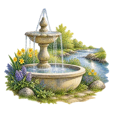 Spring sunlight dressing a river and fountain in sparkling silver drops