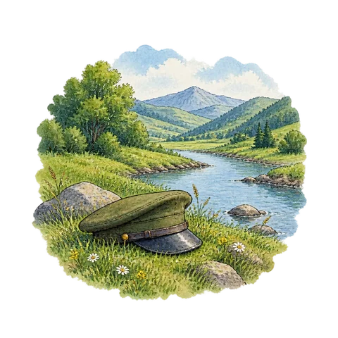 A peaceful green valley with a river and an unattended soldier’s cap, no visible wounds
