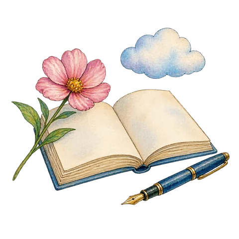 An open poetry book beside a flower, a fountain pen and a small cloud