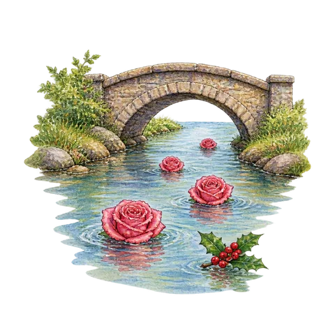 Roses floating on a river beside a bridge and a small sprig of holly