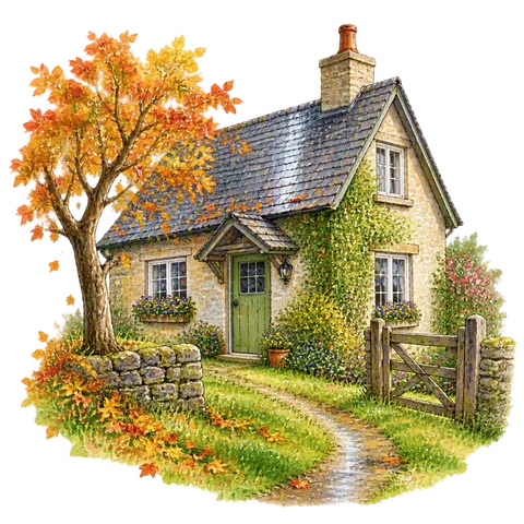 Autumn leaves, a rain-washed roof, a grassy path and spring sunlight