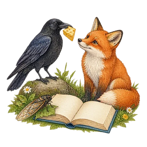 A crow holding cheese, a fox, a cicada and an open poetry book