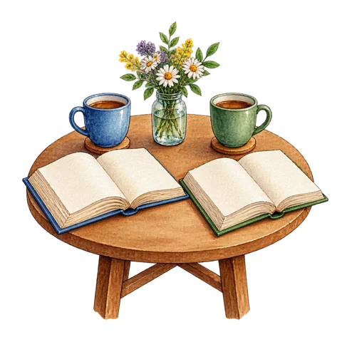 Two open books beside two cups on a shared table