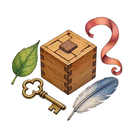 A small wooden puzzle box surrounded by a key, a leaf, a feather and a question-shaped curl of ribbon