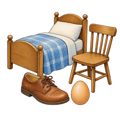 A bed, a chair, a shoe and an egg arranged as a playful puzzle