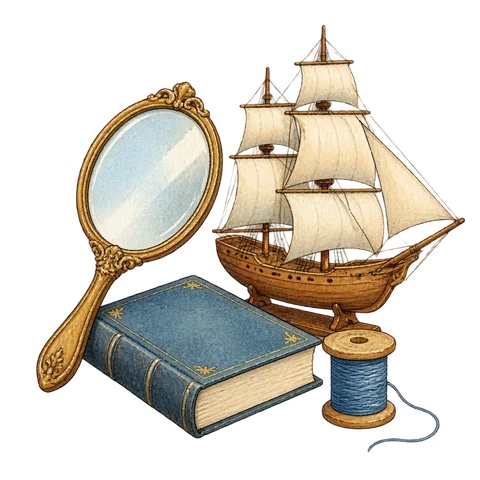 A mirror, a book, a wooden ship and a spool of thread