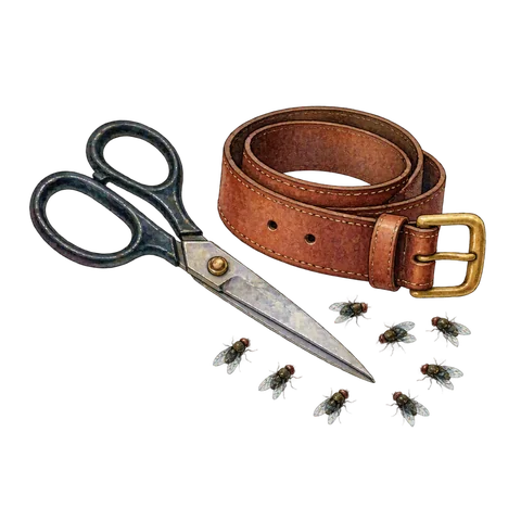 A tailor’s scissors beside a belt and seven tiny flies