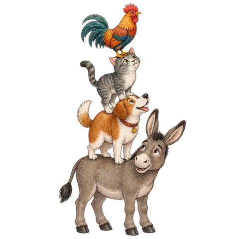 A donkey, dog, cat and rooster standing in a playful tower