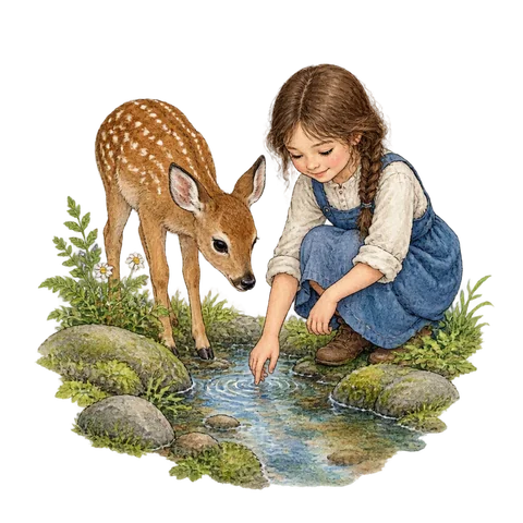 A young deer beside a girl and a woodland stream