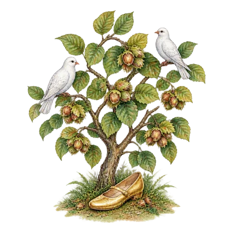 A hazel tree with a golden shoe and two white birds