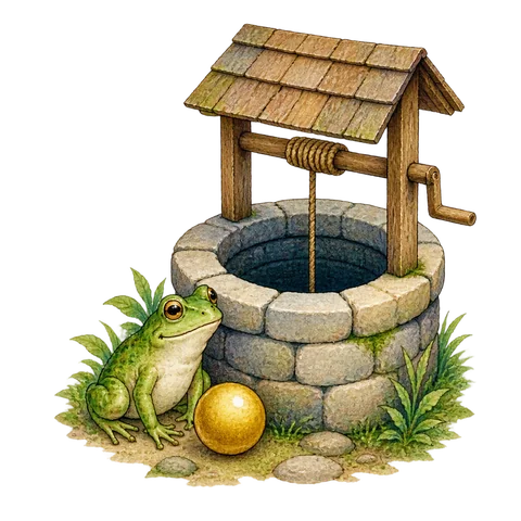 A frog beside a golden ball and a deep well