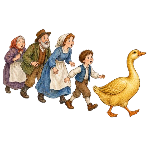A golden goose leading a surprised line of people