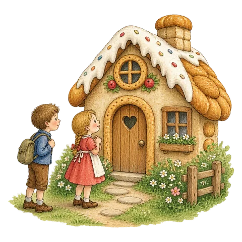 Two children outside a small cake-and-bread cottage