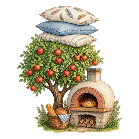 Feather pillows above an apple tree and a bread oven