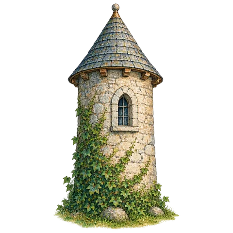 A small round stone tower with a single arched window and ivy at its base