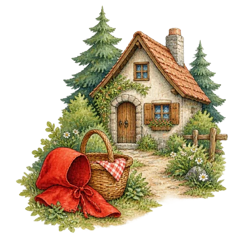A red cap and a basket beside a forest cottage