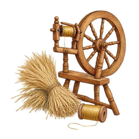 Straw and a spool of gold thread beside a small spinning wheel