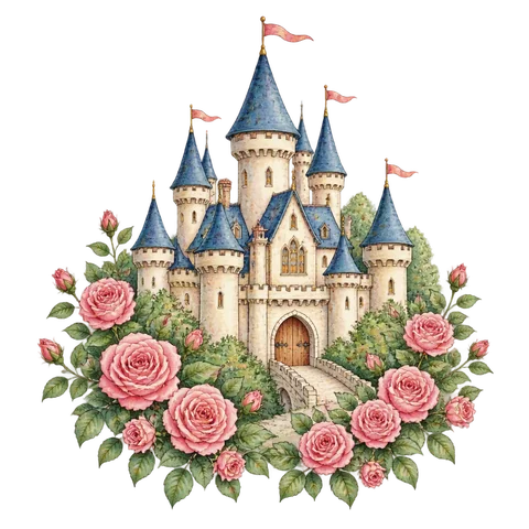 A sleeping palace surrounded by flowering roses