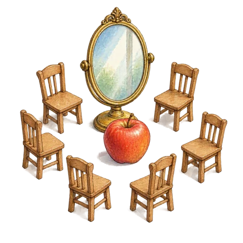 A mirror, a red apple and seven tiny wooden chairs