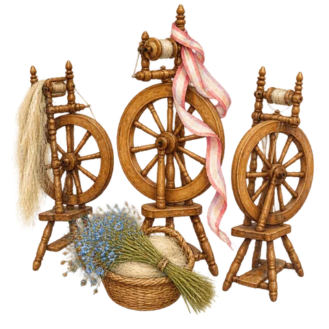 Three spinning wheels with flax and a wedding ribbon