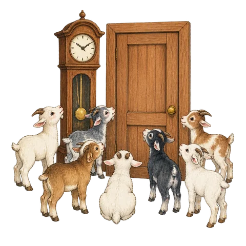 Seven small goats beside a clock and a closed door