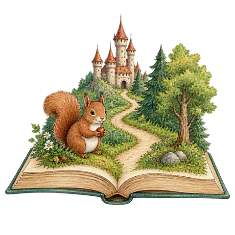 An open storybook with a small castle, a forest path and a friendly woodland animal emerging from the pages