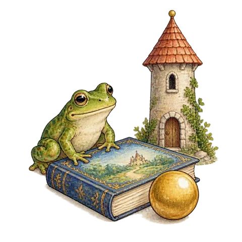 A storybook beside a frog, a golden ball and a small tower