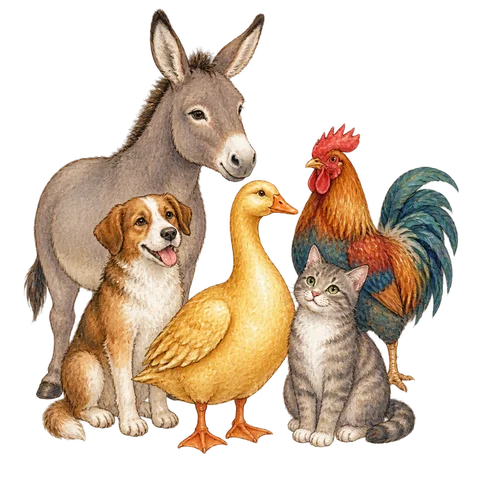 A donkey, dog, cat and rooster beside a golden goose