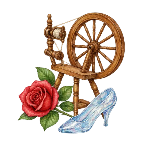 A spinning wheel beside a rose and a glass slipper