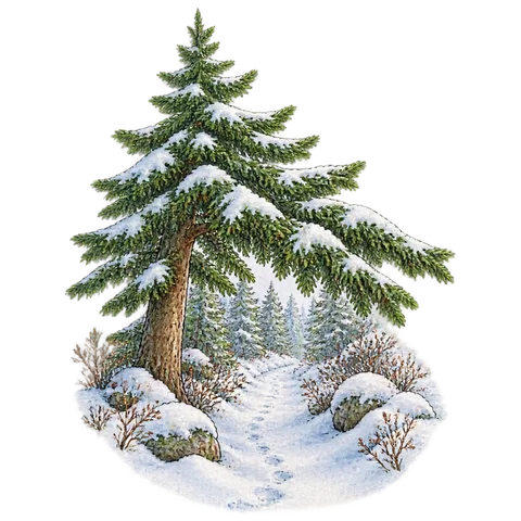 A fir tree stretching its branches over a snowy woodland path