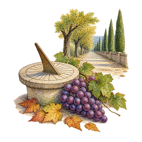 A sundial, ripe grapes and fallen leaves beside an empty avenue