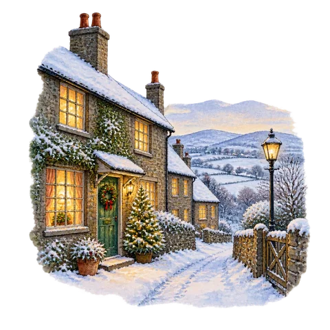 A quiet Christmas street with lit windows opening onto snowy fields