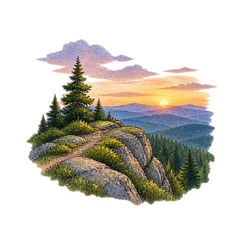 A quiet mountain ridge above treetops at dusk