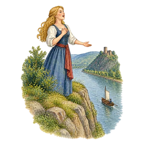 A golden-haired singer on a Rhine cliff above a small boat